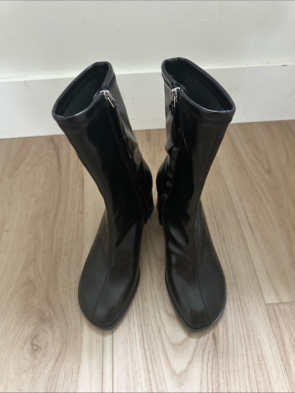 H&M Black Mid-Calf Zip Faux Leather Heeled Boots